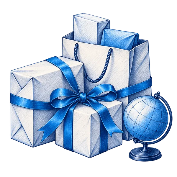 Ilustración azul de compras y paquetes unidos por una cinta